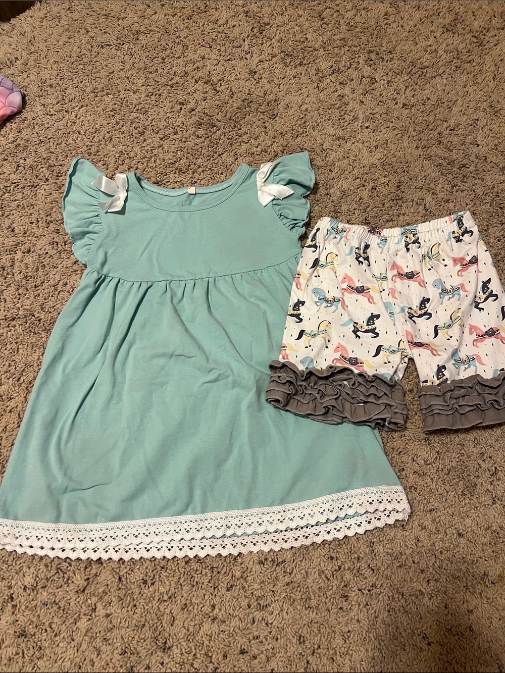 Girls Mint Green Dress & Unicorn Print Shorts Matching Set